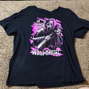Black Graphic Tee with Pink Horror Design